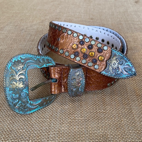 Vintage 90’s Western Leather Studded Rhinestone Belt - Picture 1 of 13